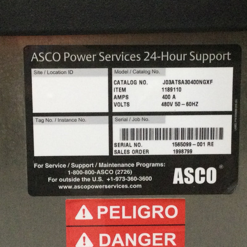 Asco J03ATSA30400NGXF 400 Amp 480V 3ph Transfer Switch Nema 4x Stainless steel