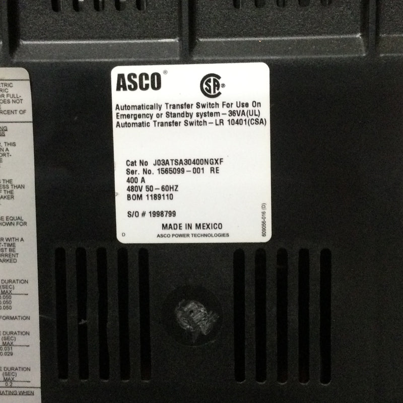 Asco J03ATSA30400NGXF 400 Amp 480V 3ph Transfer Switch Nema 4x Stainless steel