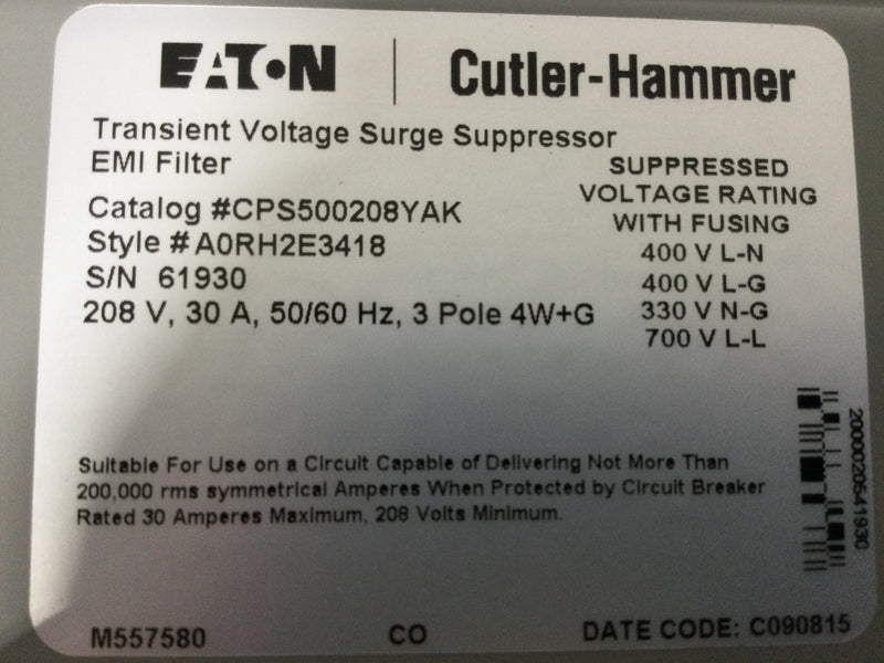 Eaton Clipper Power System CPS500208YAK 500 kA Transient Voltage Surge Protection Device