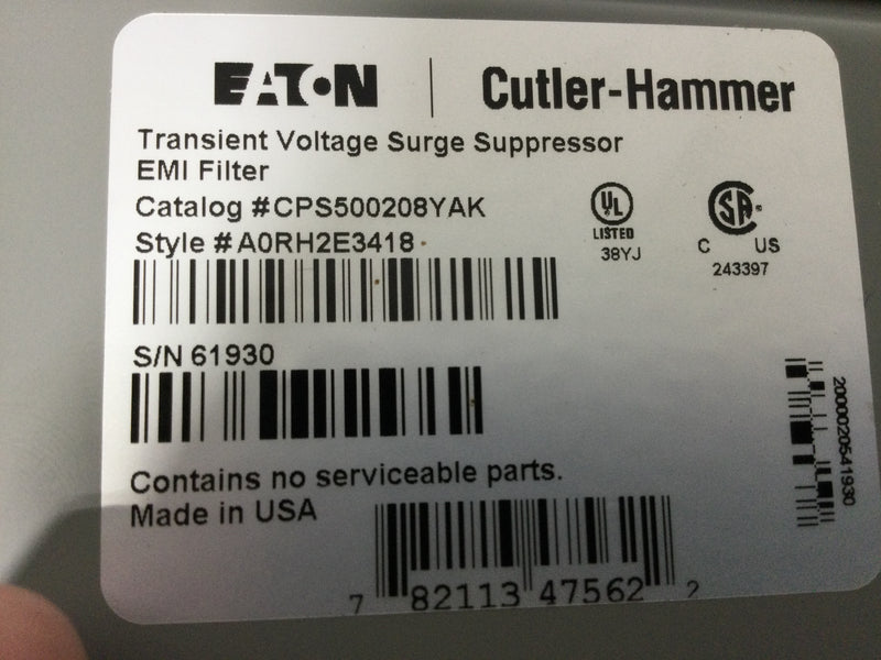 Eaton Clipper Power System CPS500208YAK 500 kA Transient Voltage Surge Protection Device