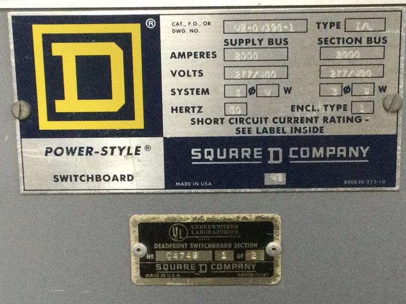 Square D 42-04398-1 2000 Amp MLO  277/480V 3 Phase 4 Wire I-line Switchboard