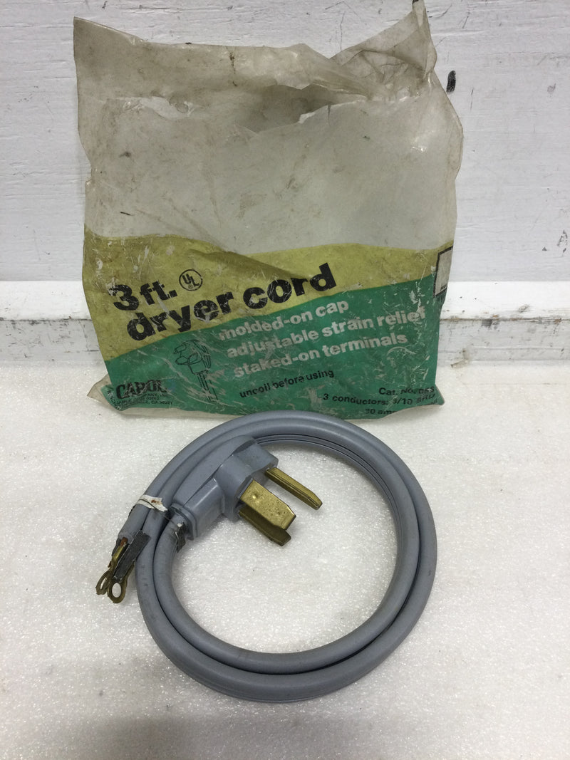 Dryer Cord 3-Prong 3-Wire Power Supply Dryer Cord 30 Amp 125/250V 3-foot Cord