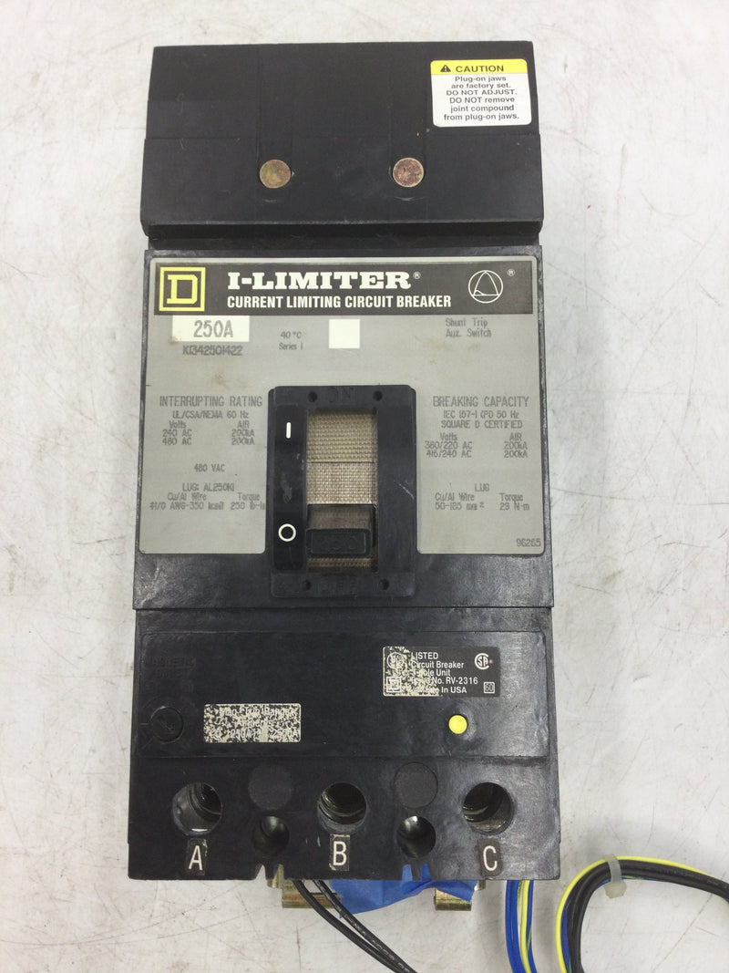 Square D KI342501422 250 Amp 3 Pole 480V I Limiter Circuit Breaker w/Shunt and Aux