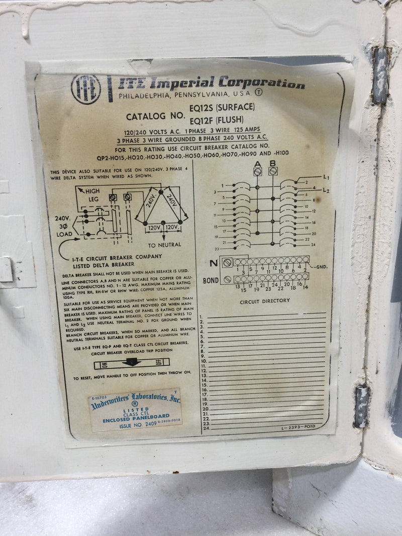 ITE Imperial EQ12S/F Cover/Door Only 12/24 Space 125 Amp 120/240V 15 1/8" x 13 3/8"