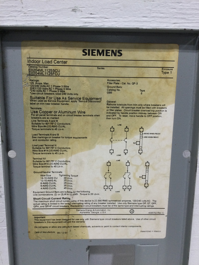 Siemens Indoor Load Center E0204ML1125SCU 125Amps Max 120/240V with 30 amp breaker