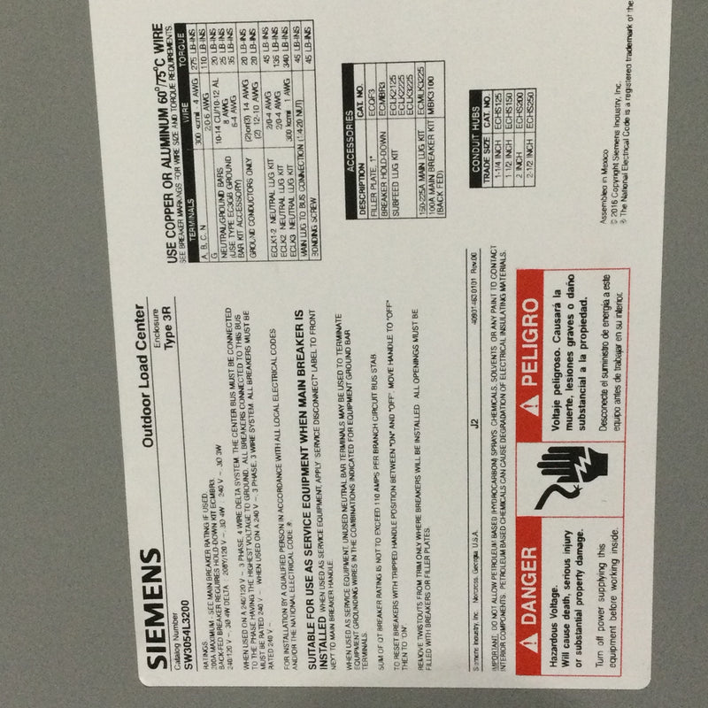 Siemens SW3054L3200 200 Amp Outdoor Main Lug 30 Space 54 Circuit 3 Phase Load Center Nema 3R