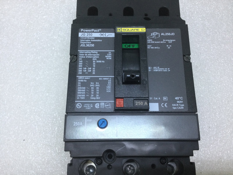 Square D JGL36250 250 Amp 3 Pole 600V PowerPact Circuit Breaker JG250