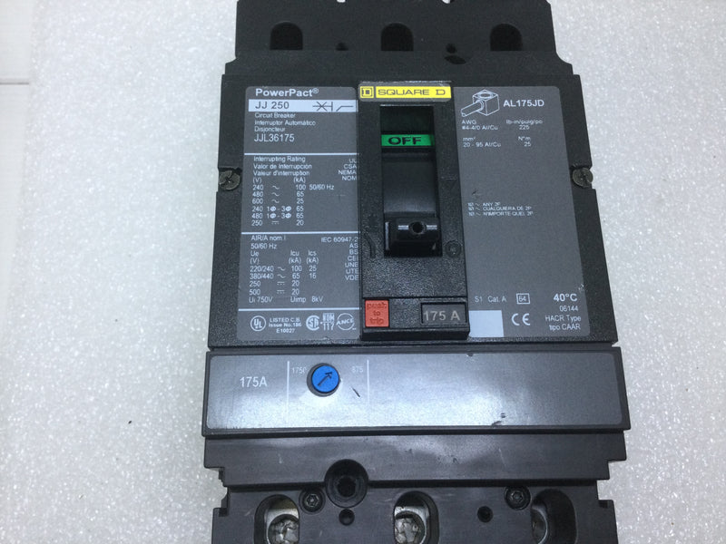 Square D JJL36175 175 Amp 3 Pole 600V PowerPact Circuit Breaker JJ250