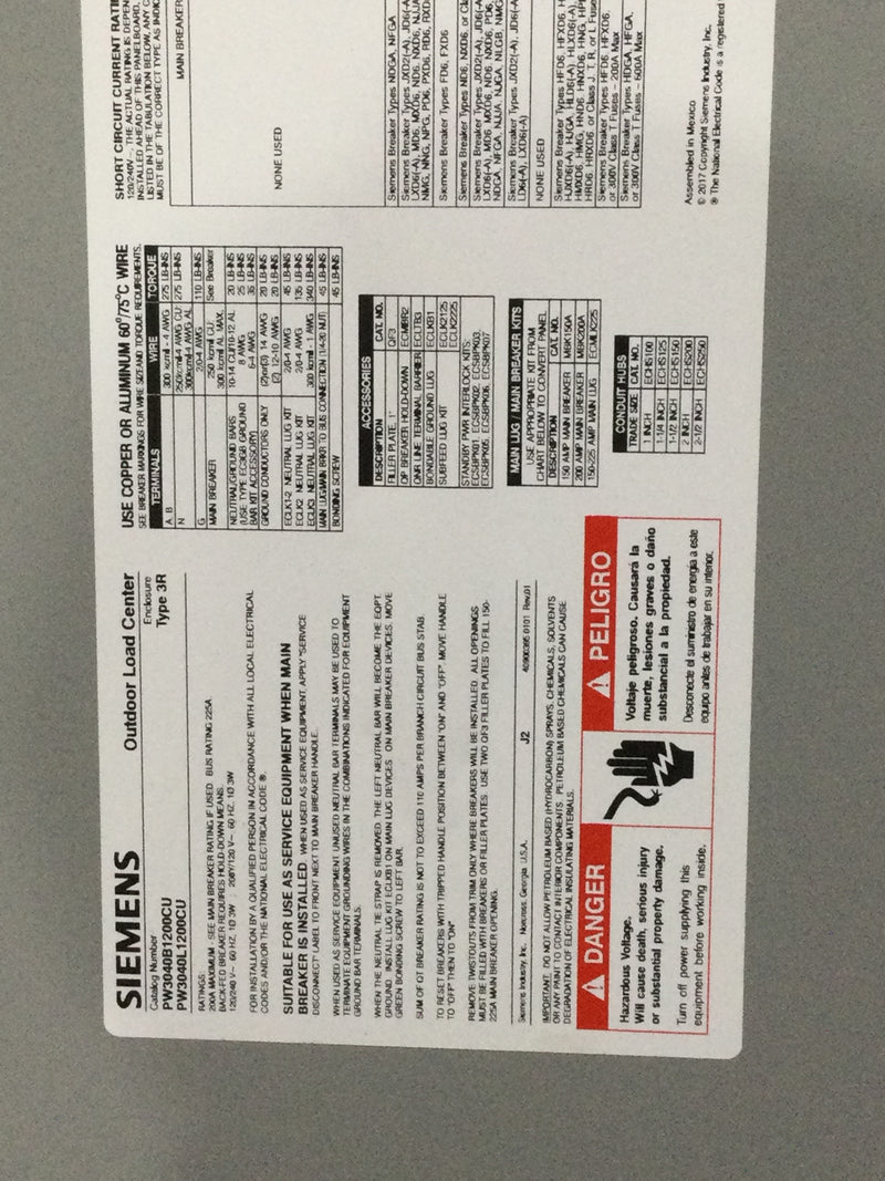 Siemens PW3040B1200CU/PW3040L1200CU Single Phase 200A 120/240V Nema3R Load Center