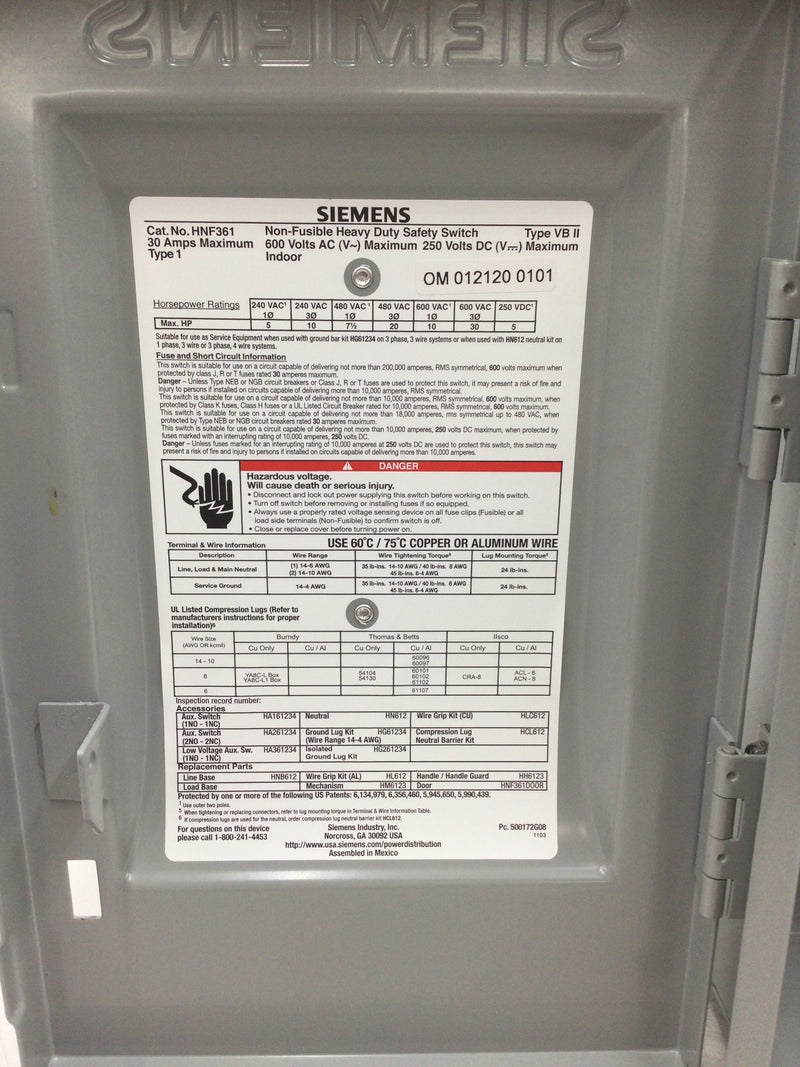 Siemens HNF361(G) 30 Amp 600V Nema 1 Non Fused Safety Switch