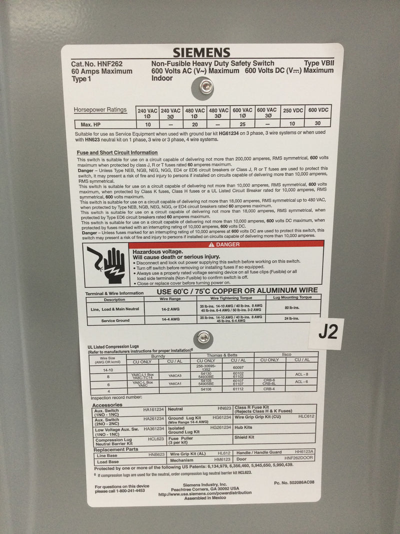 Siemens HNF361 Heavy Duty Safety Switch 30 Amp 600 VAC Nema Type 1 8" x 12"