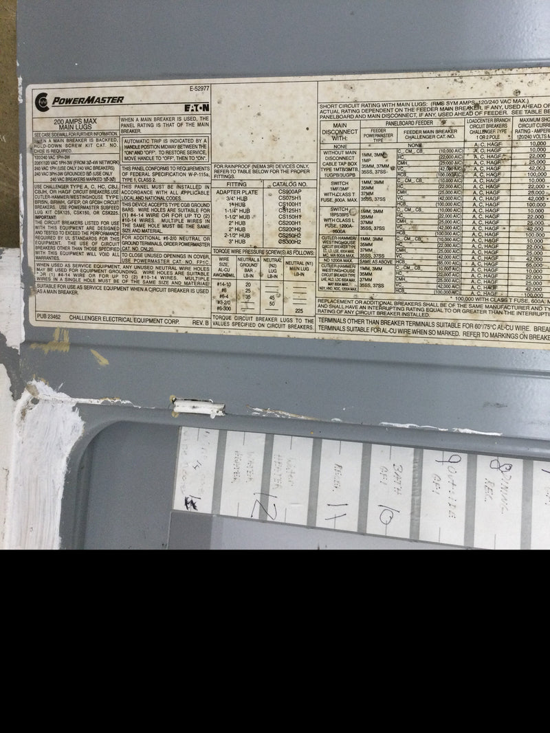 Challenger/ Eaton Powermaster Panel Cover/Door Only w/o Main 200A 120/240V 1Phase 3 Wire 30/60 Space 35 1/8" x 15 3/8"