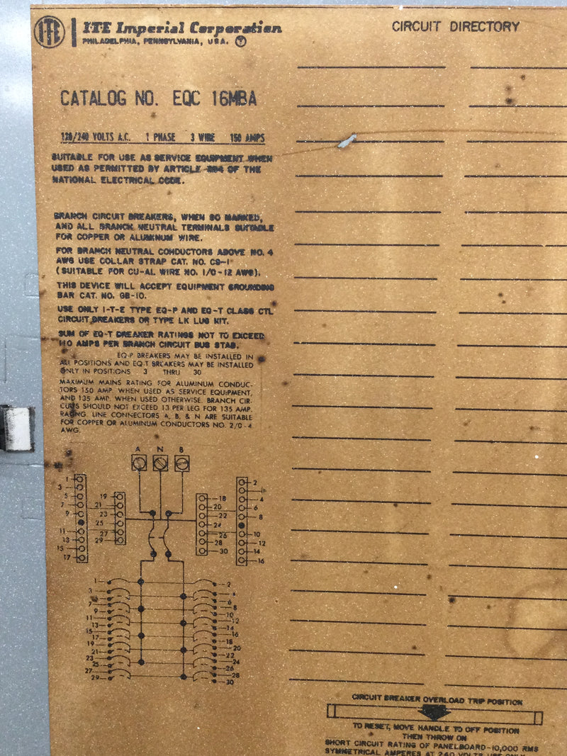 ITE Imperial EQC 16MBA Panel Cover/Door Only w/Main 30 Space 150Amp 120/240V 25 1/4" x 15 5/8"