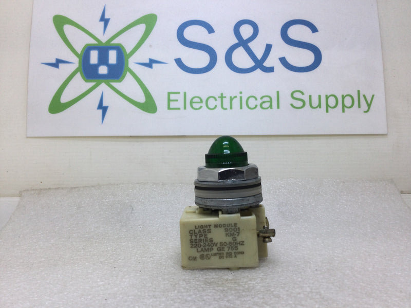 Square D Class 9001 KM-7 Green Pilot Light Module 220/240 VAC 50/60 Hz Series G Lamp GE755