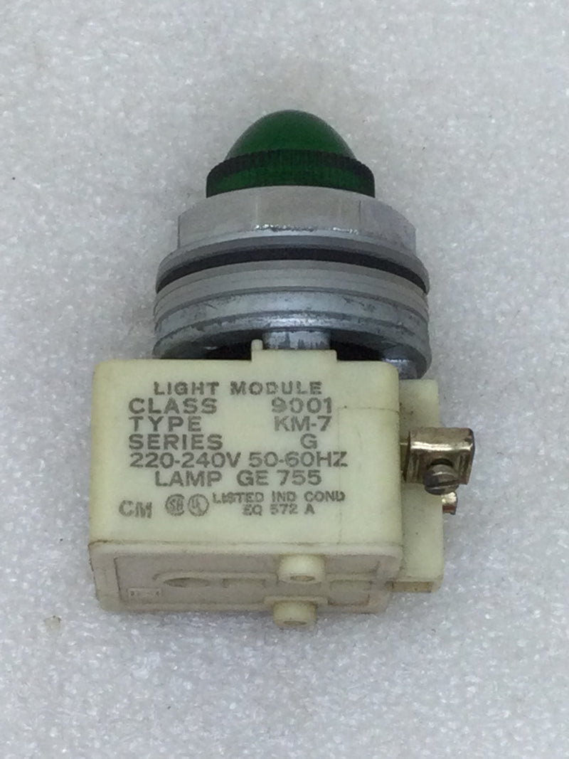 Square D Class 9001 KM-7 Green Pilot Light Module 220/240 VAC 50/60 Hz Series G Lamp GE755