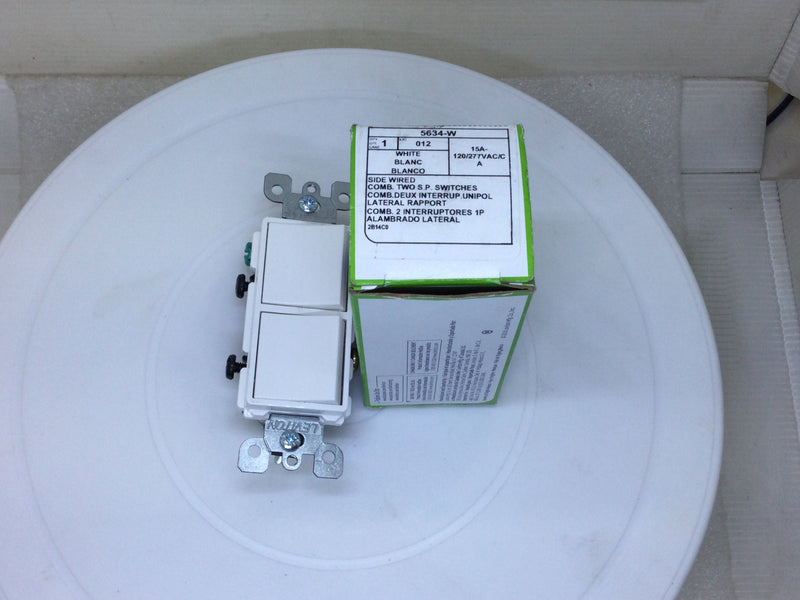 Leviton 5634-W 15A 120/277VAC Single Pole/Single Pole Side-Wired Stack Switch