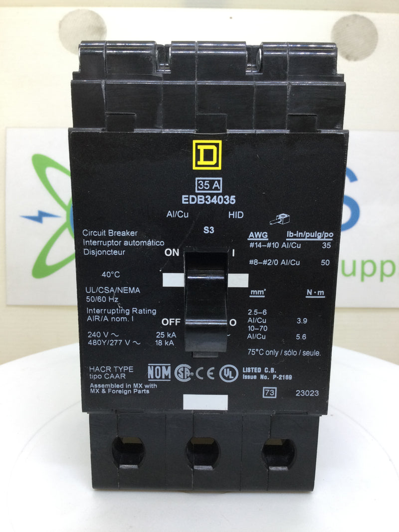 Square D EDB34035 35 Amp 3 Pole 240V Bolt on Circuit Breaker