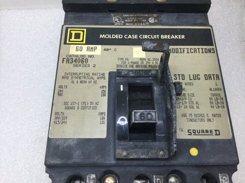 Square D FA34060 60 Amp 480 Vac 3 Pole I-Line Circuit Breaker