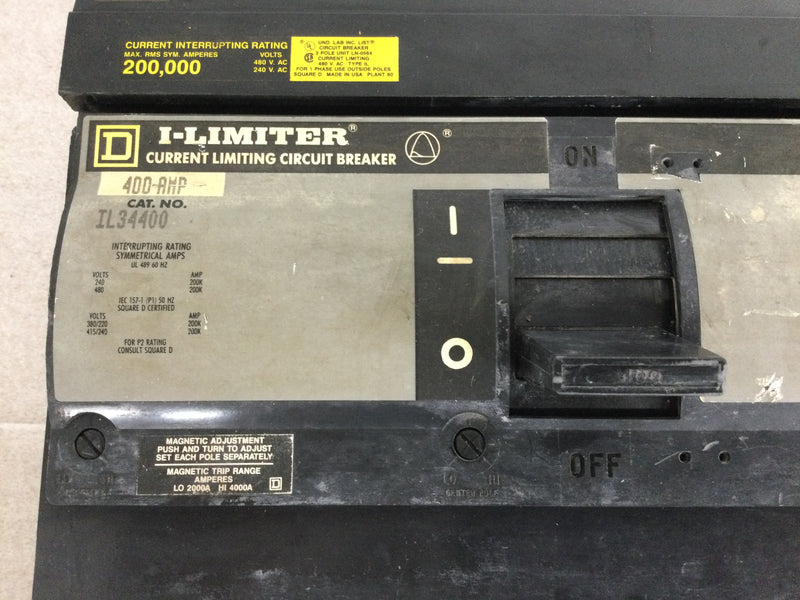 Square D IL IL34400 3 Pole 400 Amp 200k @480Vac  I Limiter Molded Case Circuit Breaker