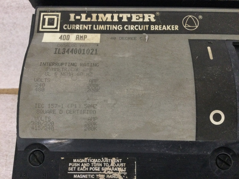 Square D IL IL344001021 3 Pole 400 Amp 480 Volt / 120Vac Shunt Trip 200 Kaic I Limiter Molded Case Circuit Breaker