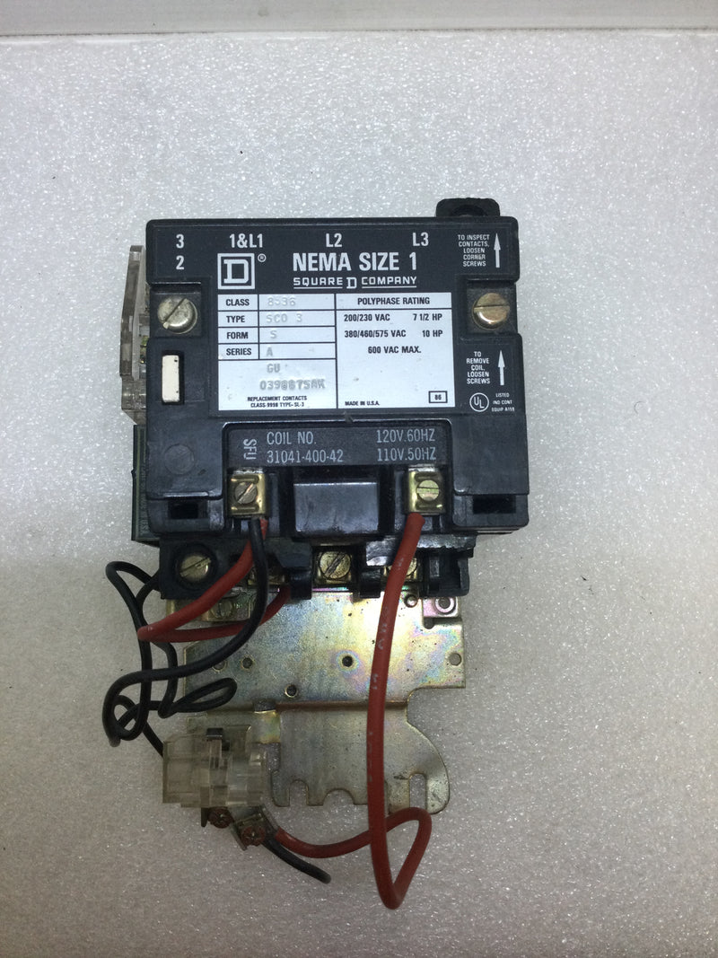 Square D 8536SCO3S Nema Size 1 Contactor Series A