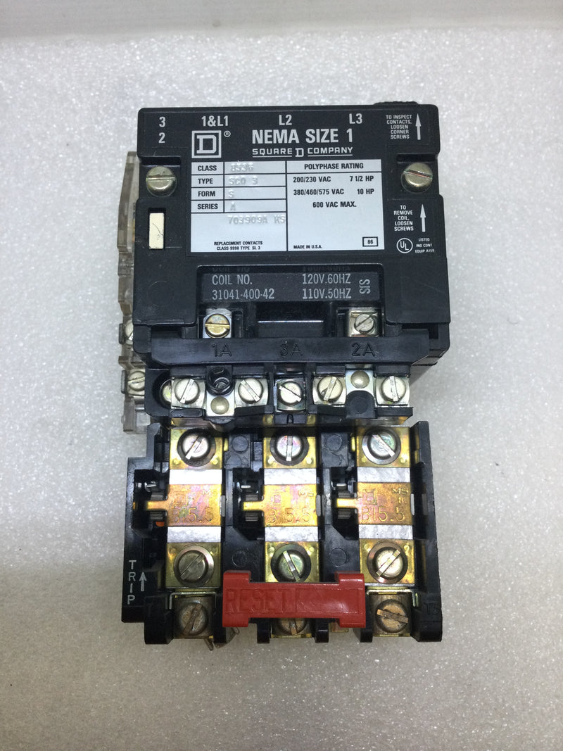 Square D 8536SCO3S Size 1 Series A 3 Pole 600 Vac Contactor