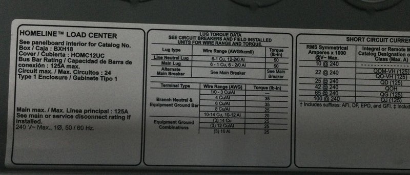 Square D HOM1224L125PGCVP Homeline 125 Amp 12-Space 24-Circuit Indoor Main Lug with Fully Plated Aluminum Buss
