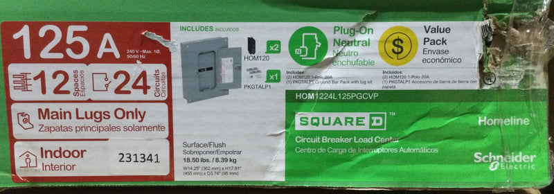 Square D HOM1224L125PGCVP Homeline 125 Amp 12-Space 24-Circuit Indoor Main Lug with Fully Plated Aluminum Buss