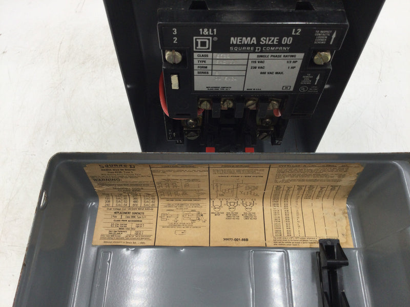 Square D 8536SAG11 Nema Size 00 Class 8536 Type S Series B Motor Starter Load Center