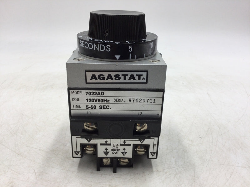 AGASTAT 7022AD Pneumatic Timing Relay 5-50 Sec. 120V 60Hz Ser. 87020711 Mounting Bracket Included