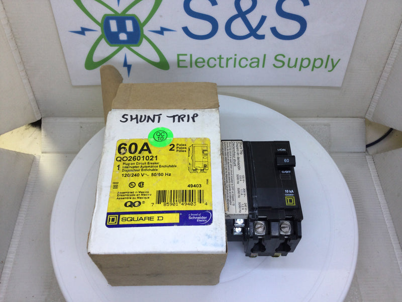 Square D QO2601021 2 Pole Shunt Trip Plug In Circuit Breaker 60 Amp 120/240v