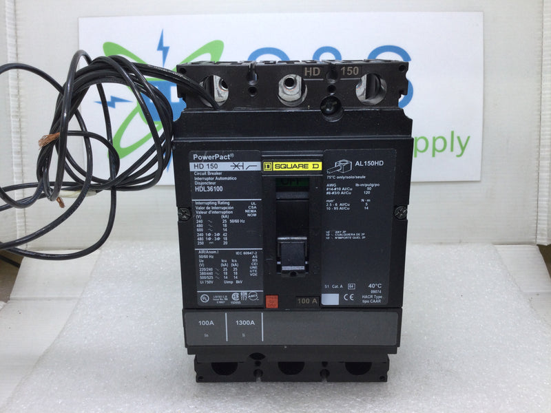 Square D PowerPact HDL36100 100 Amp 3 Pole 600 Volt HD150 Circuit Breaker w/Shunt HDL36100SA