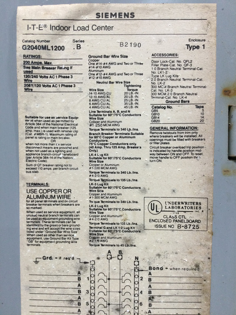 Siemens/ITE G2040ML1200 20 Space 40 Circuit 200 Amp 120/240V Cover/Door and Dead Front Only 28 1/4" x 15 1/2"