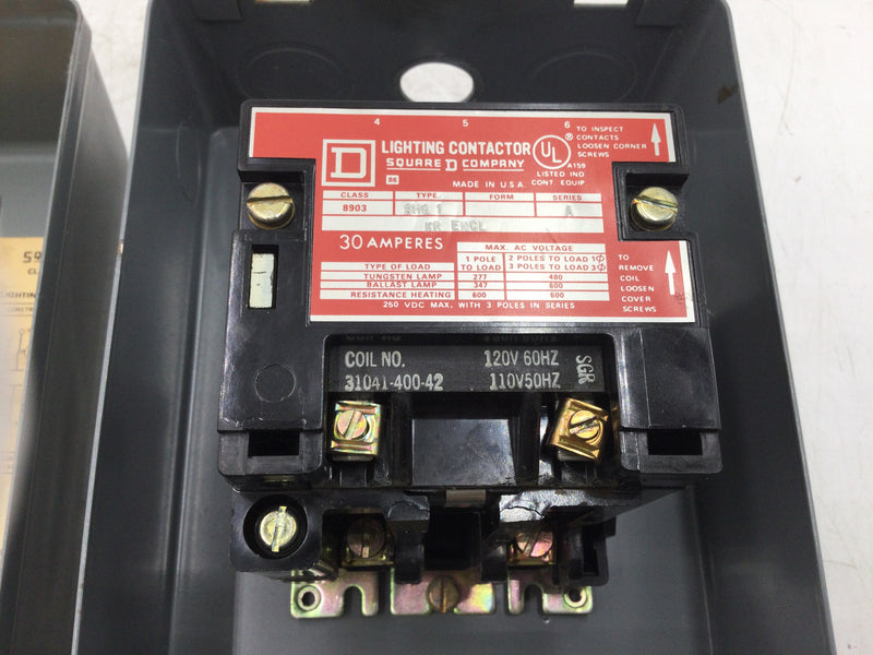 Square D 30 Amp Class 8903 Type S Lighting Contactor Enclosure w/SMG1 Contactor 120V Coil