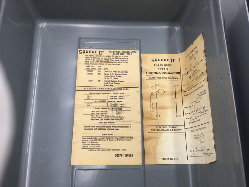 Square D 30 Amp Class 8903 Type S Lighting Contactor Enclosure w/SMG1 Contactor 120V Coil
