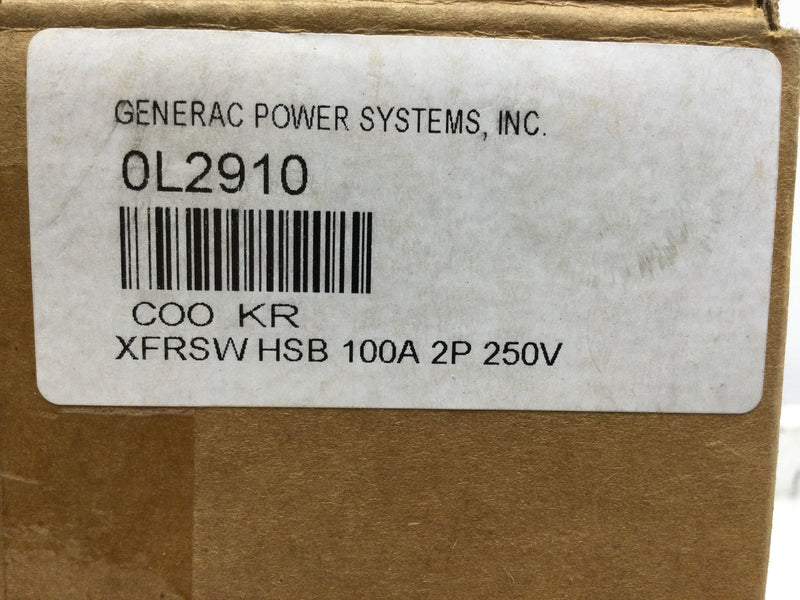 Generac 0L2910 100A 2P 240V HSB Generator Transfer Switch