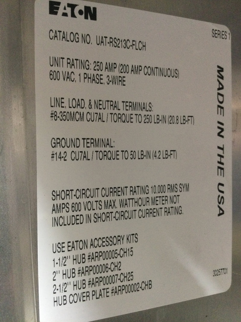 Eaton UATRS213C-FLCH Single Phase 200A Continuous 600VAC OH/UG Nema3R Meter Socket Enclosure