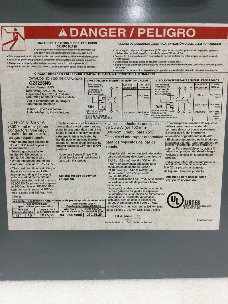 Square D Q23225NS 225 Amp 120/240VAC Type Nema1 Circuit Breaker Enclosure