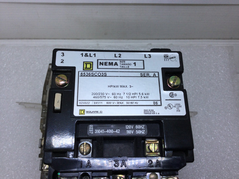 Square D 8536SCO3S Motor Starter Series A NEMA Size 1 600V Max. 50/60Hz