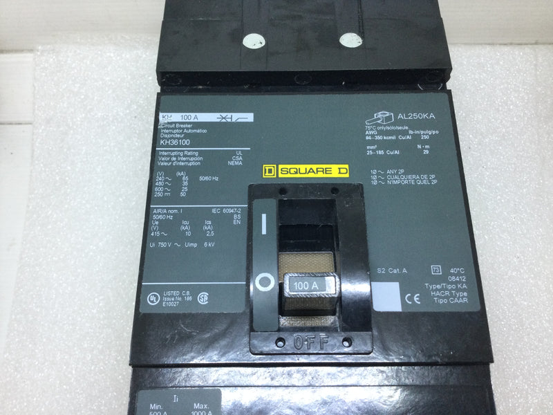 Square D KH36100 3 Pole 100 Amp 600v Circuit Breaker