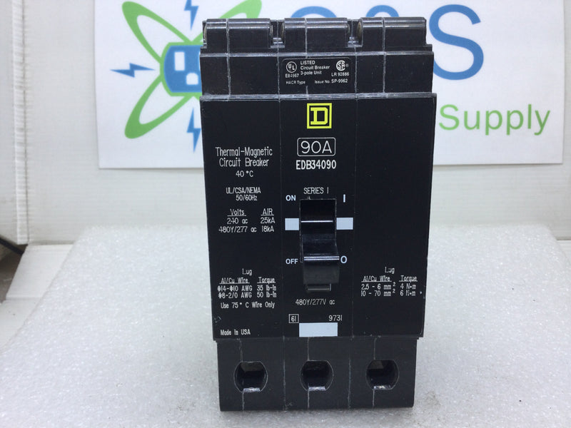 Square D EDB34090 3 Pole 90 Amp 480Y/277 Volt Bolt On Circuit Breaker