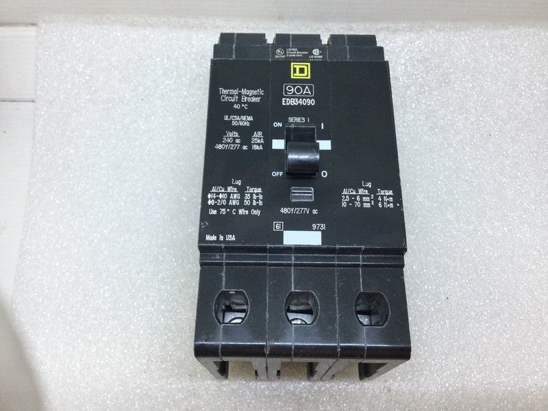 Square D EDB34090 3 Pole 90 Amp 480Y/277 Volt Bolt On Circuit Breaker