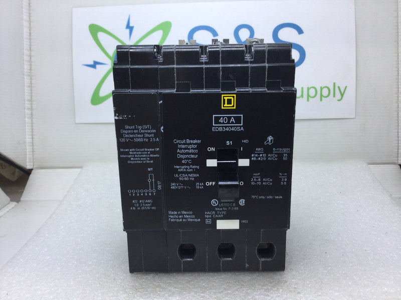 Square D EDB34040SA 40 Amp 3 Pole 480Y/277V Bolt on Circuit Breaker w/Shunt Trip