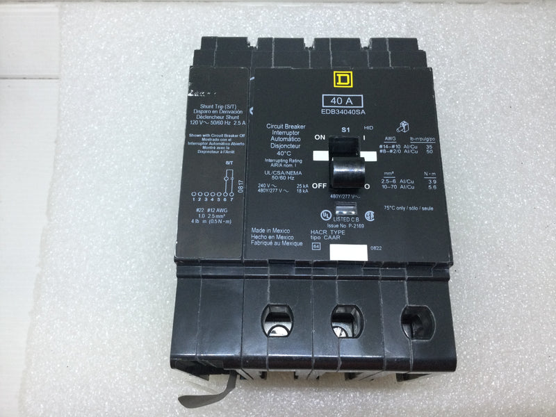 Square D EDB34040SA 40 Amp 3 Pole 480Y/277V Bolt on Circuit Breaker w/Shunt Trip