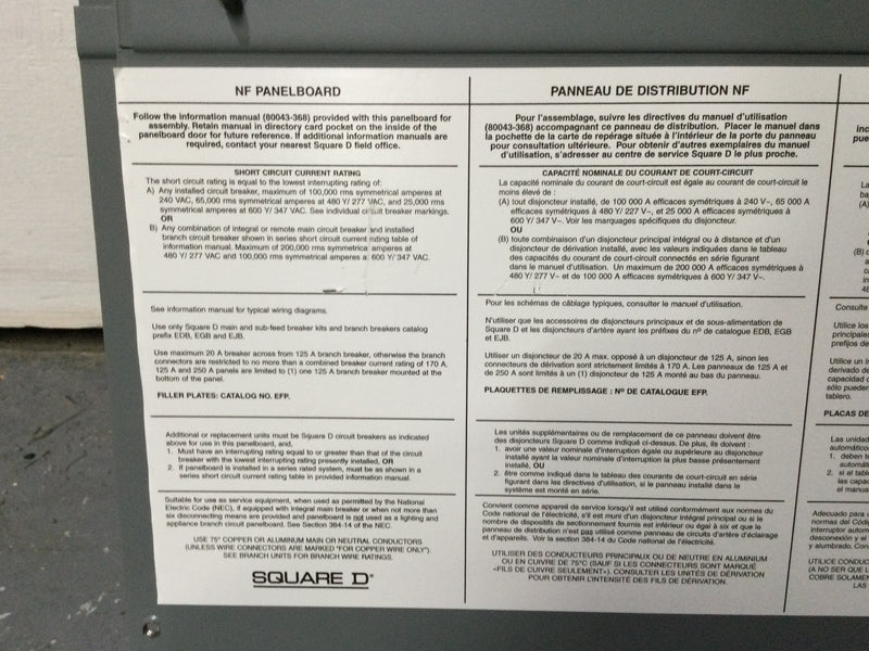 Square D NC44S 225 Amp 240Vac-48VDC 3 Phase 4 Wire NQ Panelboard MH44 44" x 20" Main Lug