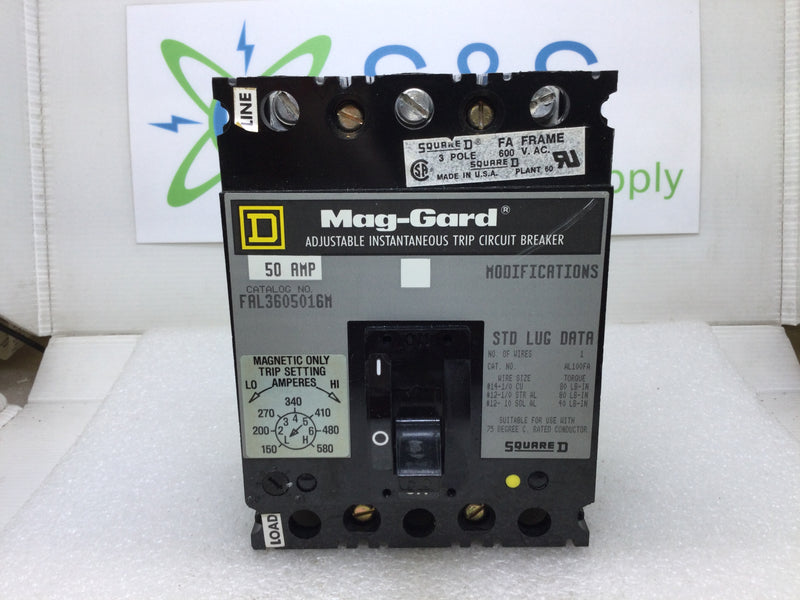 Square D FAL3605016M 3 Pole 50 Amp 600 Mag-Guard Circuit Breaker