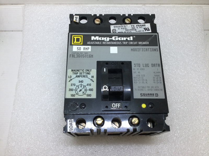 Square D FAL3605016M 3 Pole 50 Amp 600 Mag-Guard Circuit Breaker