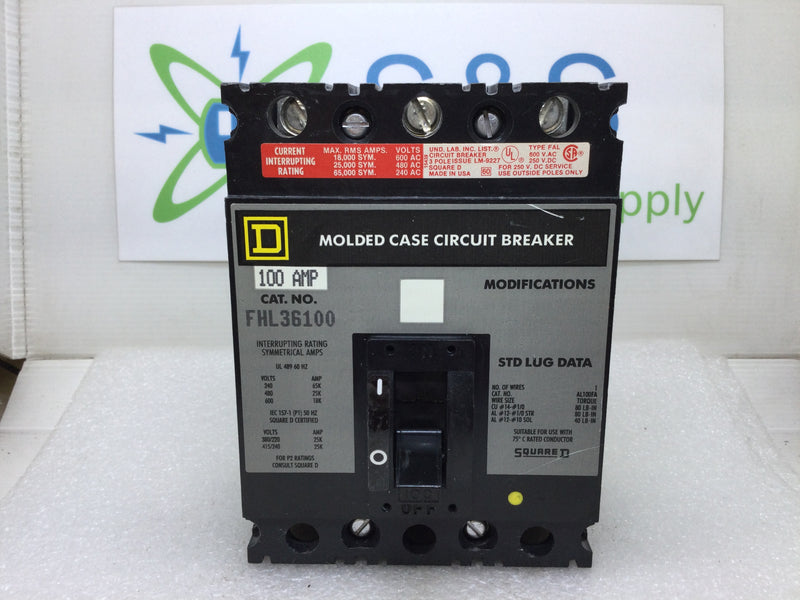 Square D FHL36100 100 Amp 3 Pole 600V Molded Case Circuit Breaker