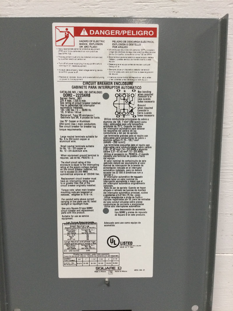 Square D QOM22225NRB Circuit Breaker Enclosure Series SO1 225 Amp 120/240V 3R Enclosure