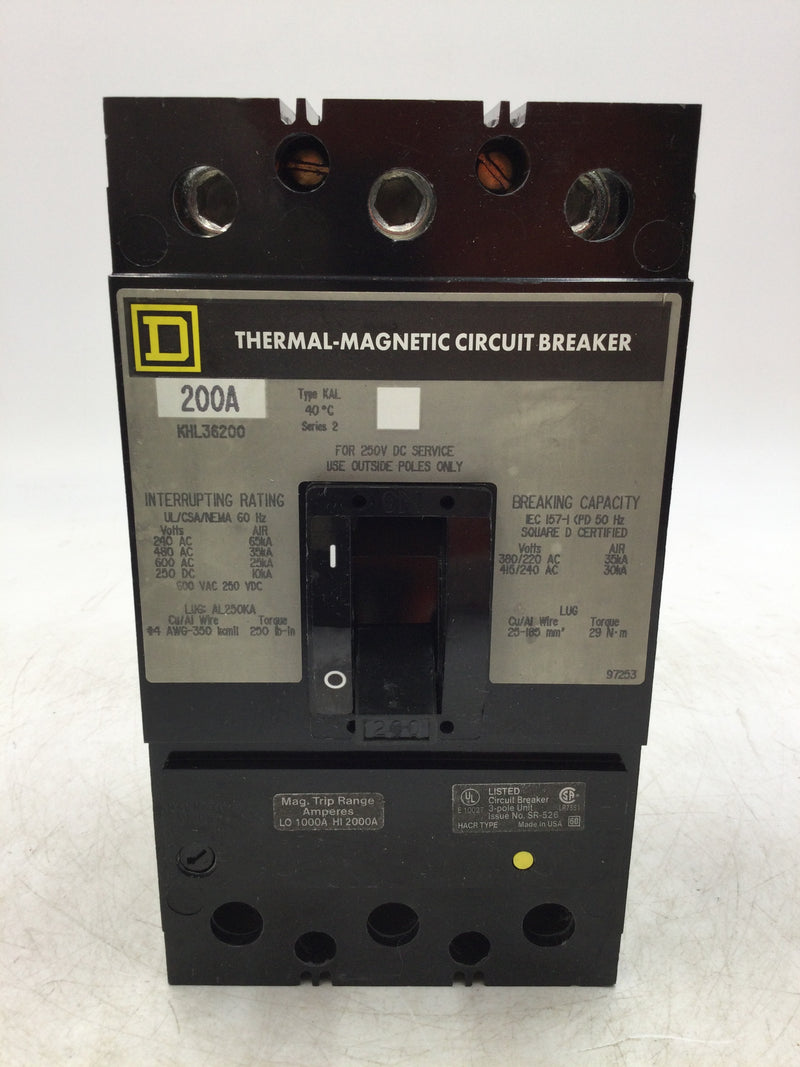 Square D KHL36200 200 Amp 3 Pole 600V Thermal Magnetic Circuit Breaker